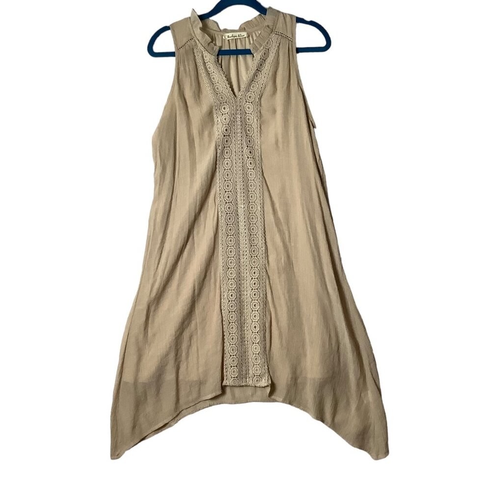 Indigo Rose Boho Lace Dress Women Small Beige Tan V-Neck‎ Lined Shark Bite Hem